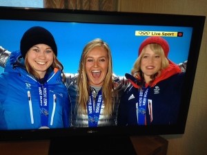 Women's snowboard slopestyle podium: Enni Rukajarvi (Silver), Jamie Anderson (Gold) and Jenny Jones (Bronze)